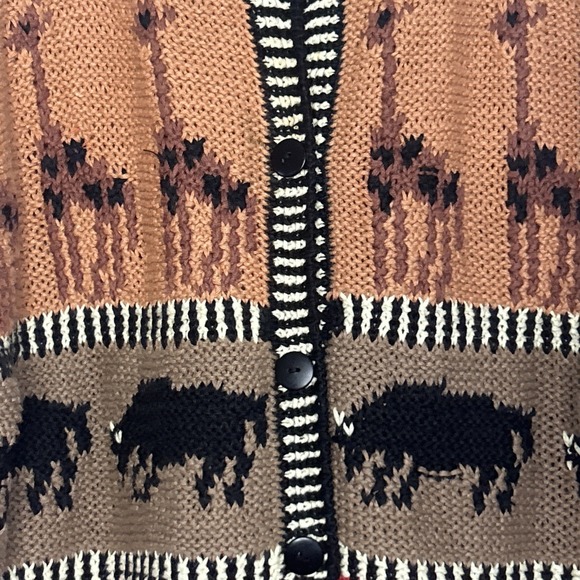 VTG 90s Knit Safari Chunky Cardigan Animals Artsy‎ Ramie Cotton Tunic Length L - Picture 2 of 10